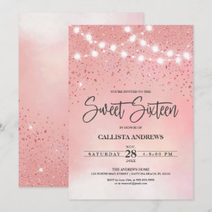 Princess Rosa Glitter Sparkles Ljus Sweet 16 Inbjudningar