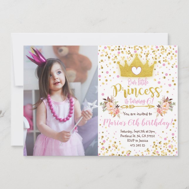 Princess Rosa Guld Confetti Birthday-inbjudan Inbjudningar (Framsida)