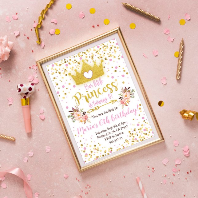 Princess Rosa Guld Confetti Birthday-inbjudan Inbjudningar (Skapare uppladdad)