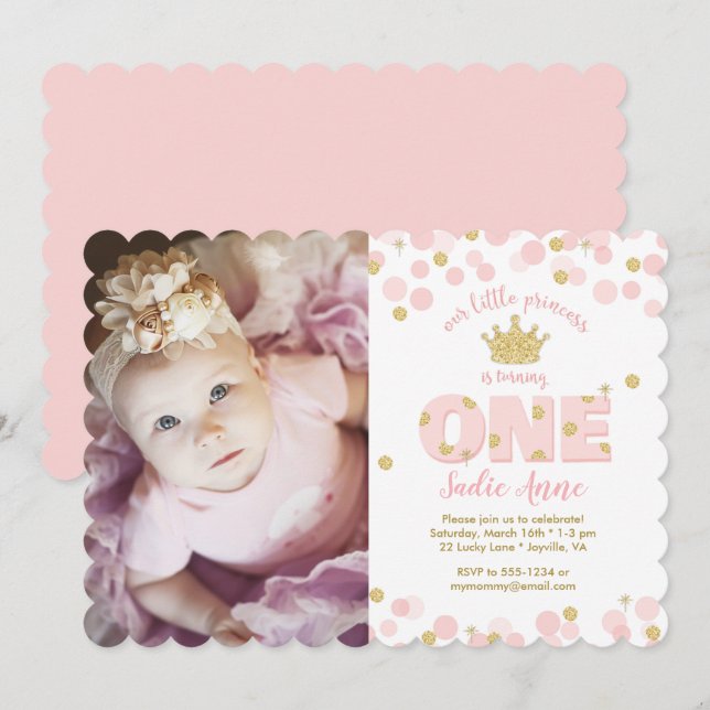 Princess Rosa Guld Glitter Första födelsedag Inbjudningar (Fram/baksida)