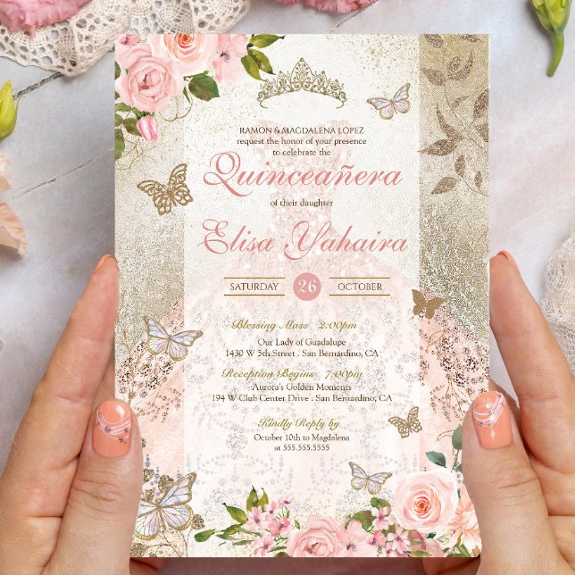 Princess Rosa Guld Ro Butterfly Glam Quinceanera Inbjudningar (Skapare uppladdad)