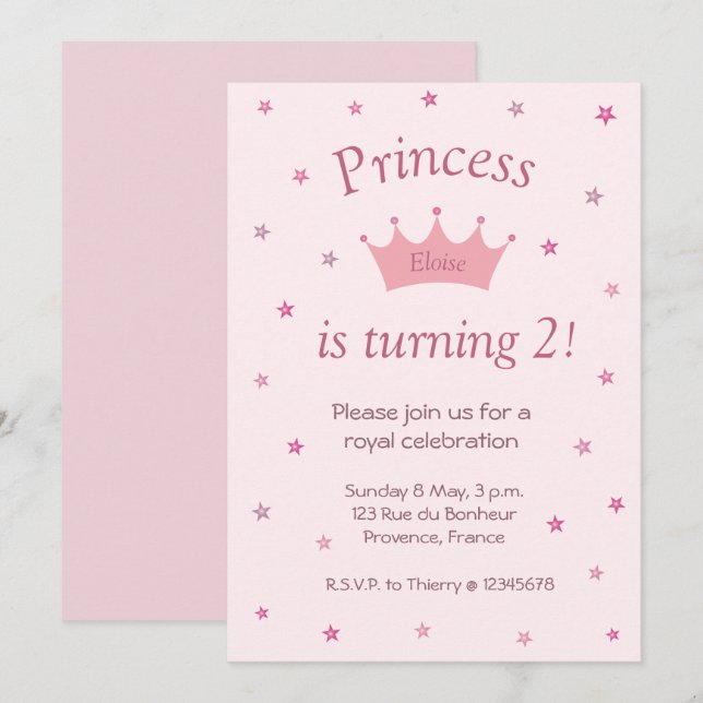 Princess Rosa Krona Tiara Stars Kids Baby Birthday Inbjudningar (Fram/baksida)