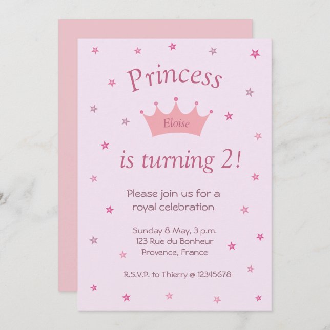 Princess Rosa Krona Tiara Stars Kids Baby Birthday Inbjudningar (Fram/baksida)