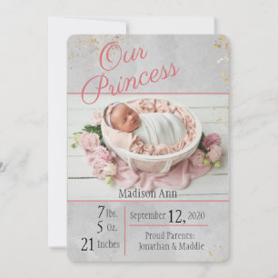 Princess Rosa l Grått Flicka Birth Photo Birth Meddelande