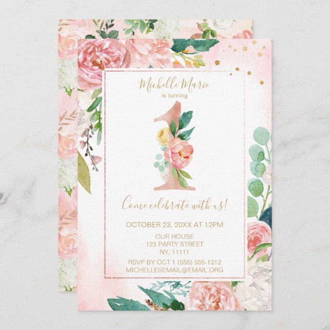 Princess Rosa och Guld Blommigt Första födelsedag Inbjudningar (Fram/baksida)