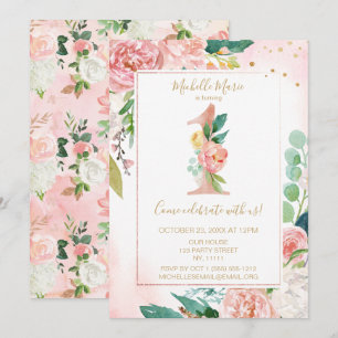 Princess Rosa och Guld Blommigt Första födelsedag Inbjudningar