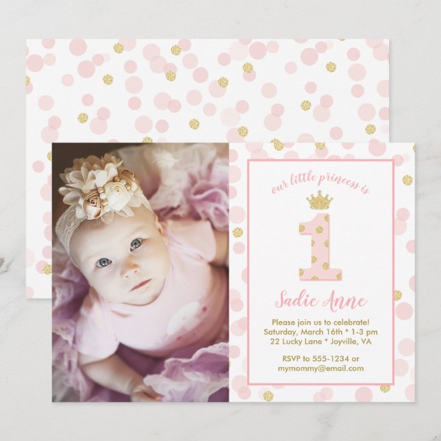 Princess Rosa och Guld Dots 1:a födelsedagen Inbjudningar (Fram/baksida)