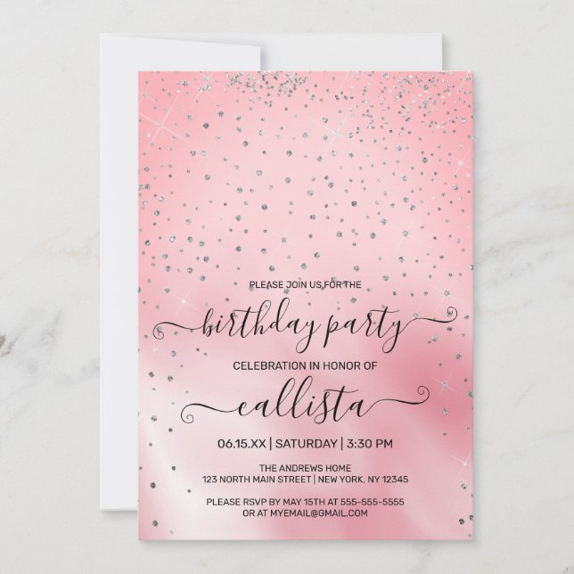 Princess Rosa Silver Glitter Confetti Birthday Inbjudningar (Framsida)