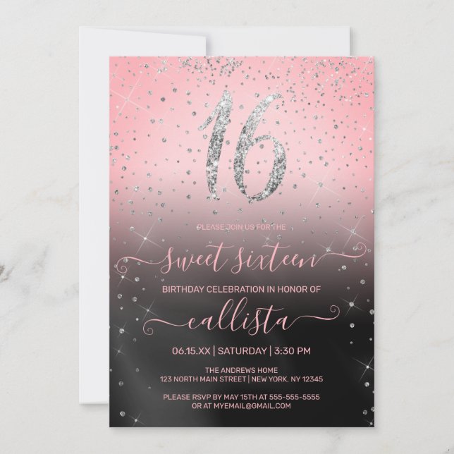 Princess Rosa Silver Glitter Confetti Sweet 16 Inbjudningar (Framsida)