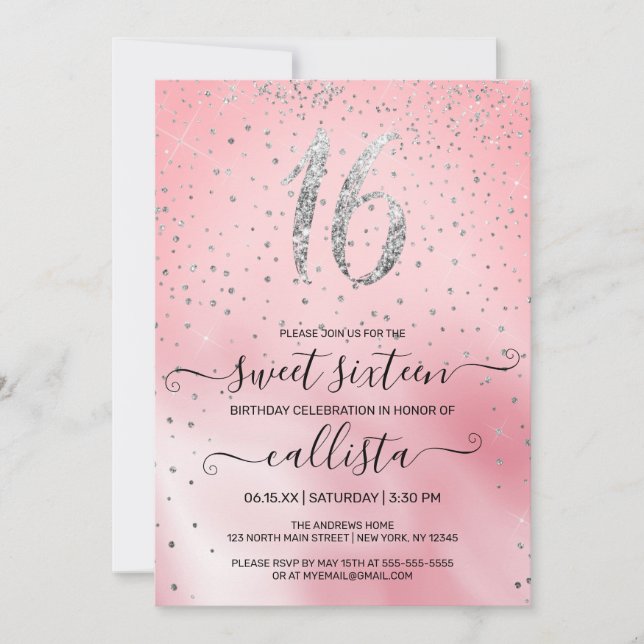 Princess Rosa Silver Glitter Confetti Sweet 16 Inbjudningar (Framsida)