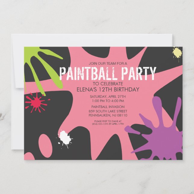 Princess Rosa Split Splat Anpassningsbar Paintball Inbjudningar (Framsida)