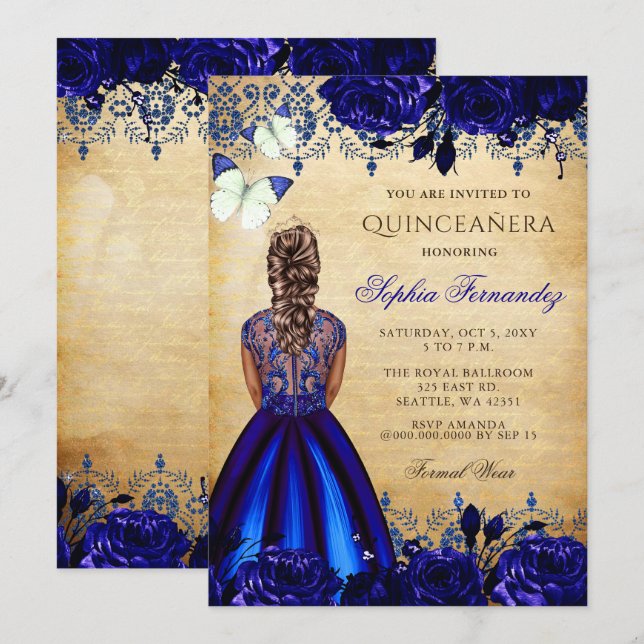 Princess Royal Blue Butterfly Quinceañera Inbjudningar (Fram/baksida)