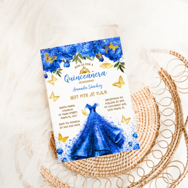 Princess Royal Blue Quinceanera Blommigt Butterfly Inbjudningar (Skapare uppladdad)