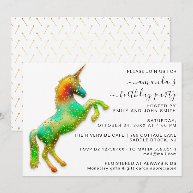 Princess Royal Guld Glitter Birthday Magic Unicorn Inbjudningar (Fram/baksida)