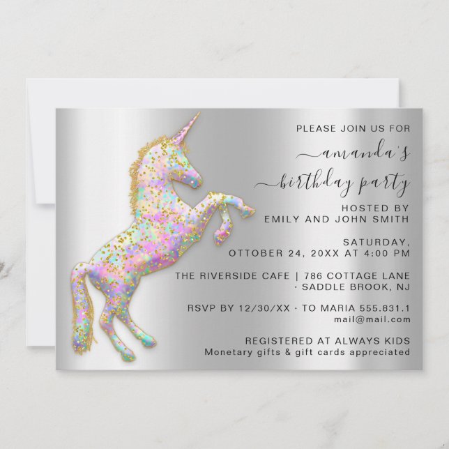 Princess Royal Guld Glitter Unicorn Rosa Silver Inbjudningar (Framsida)