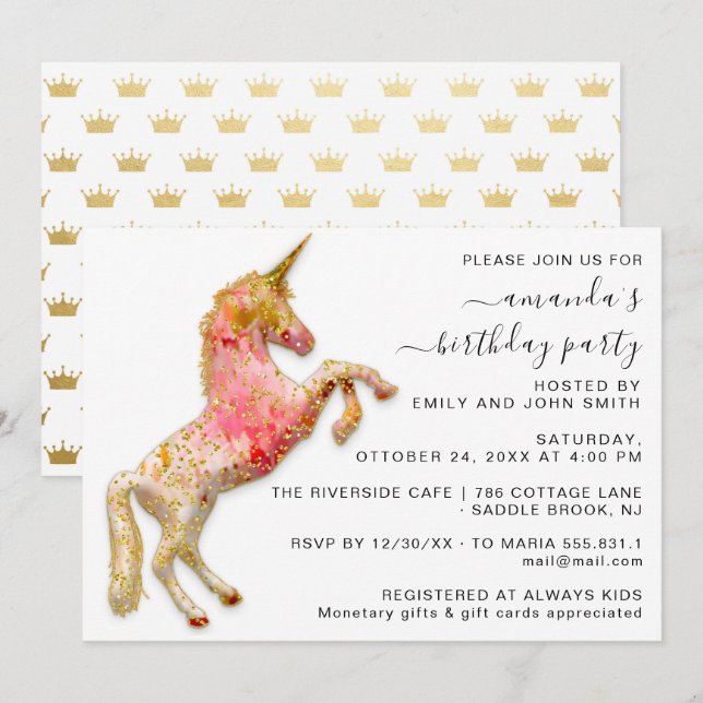 Princess Royal Krona Guld Glitter Rosa Unicorn Inbjudningar (Fram/baksida)