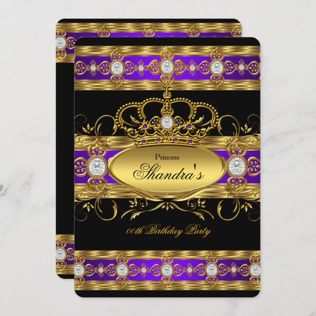 Princess Royal Lila Guld Diamond Queen Krona Inbjudningar (Fram/baksida)