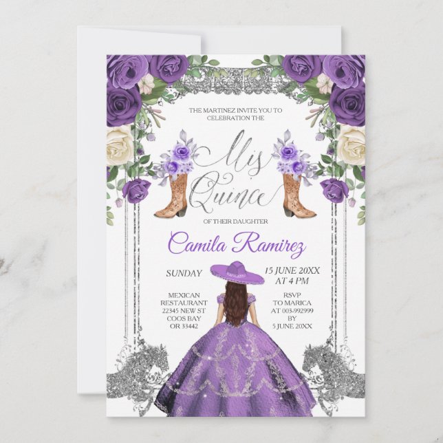 Princess Silver Lila Spain Girl Sweet 15:e Inbjudningar (Framsida)