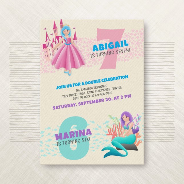 Princess Sjöjungfru Joint Dubbla Birthday-inbjudan Inbjudningar (Skapare uppladdad)