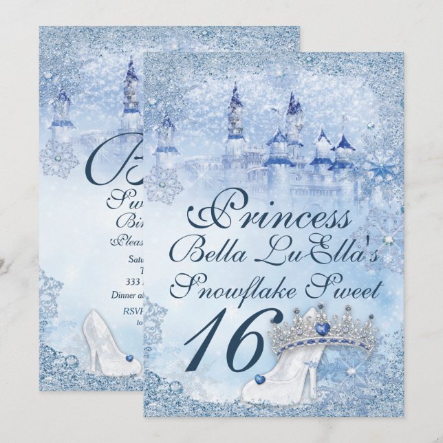 Princess Snowflake Sweet 16 Mis Quince Inbjudningar (Fram/baksida)