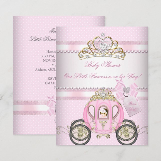 Princess Söt Baby Shower Cute Girl Carriage Inbjudningar (Fram/baksida)