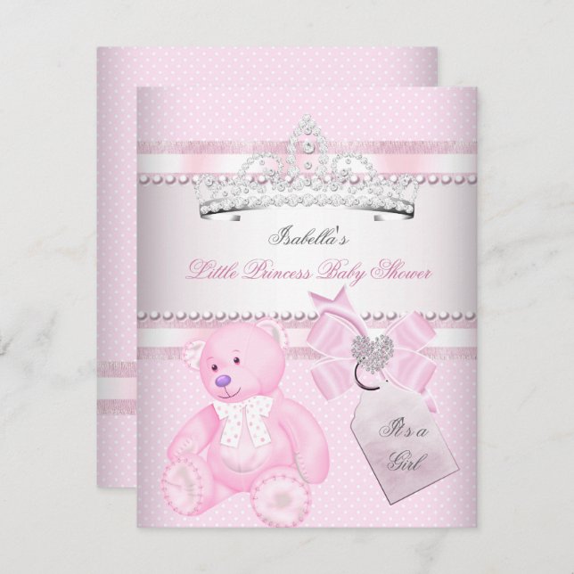 Princess Söt Baby Shower Cute Girl Tiara Bear Inbjudningar (Fram/baksida)