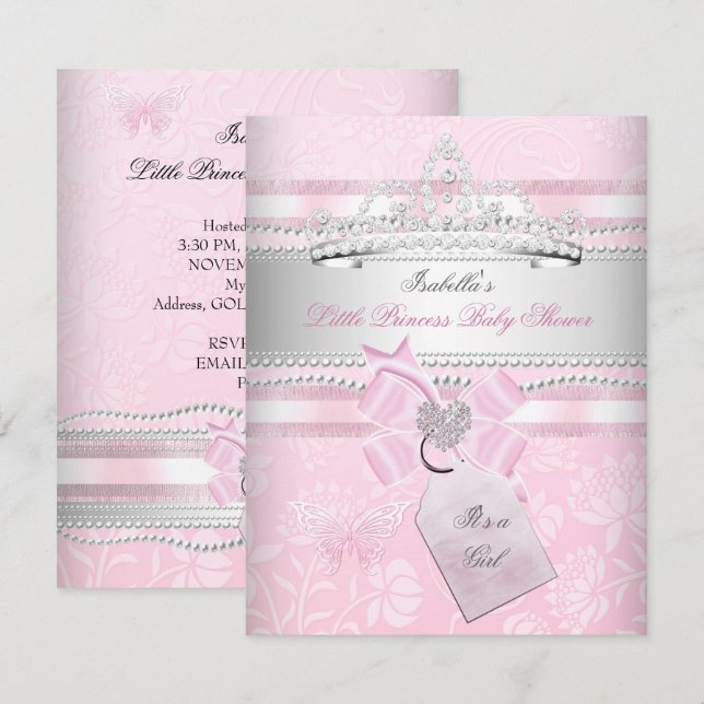Princess Söt Baby Shower Girl Girl Butterfly Inbjudningar (Fram/baksida)
