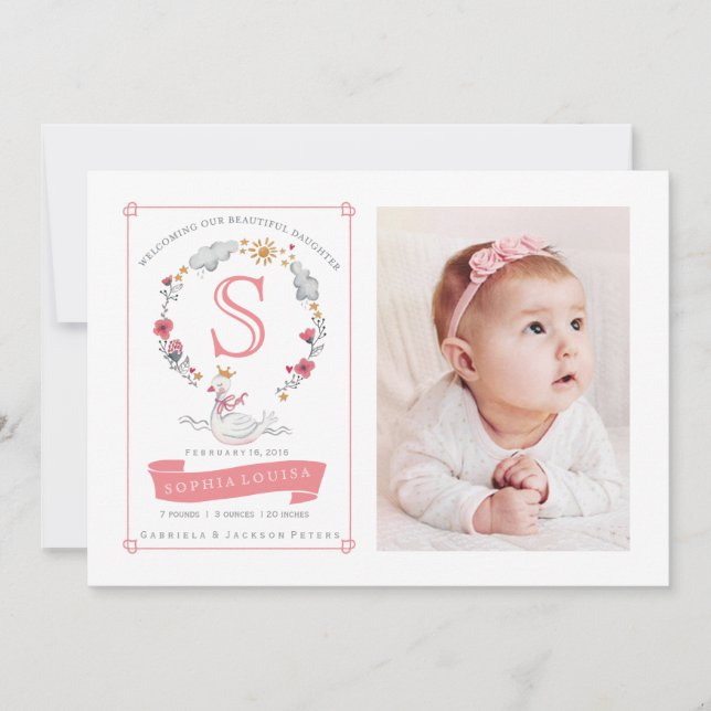 Princess Svan Flower WandeBirth Announement Meddelande (Framsida)