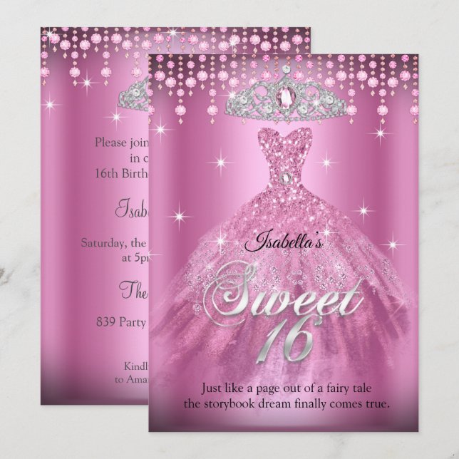 Princess Sweet 16 Birthday Rosa Dress Tiara Inbjudningar (Fram/baksida)