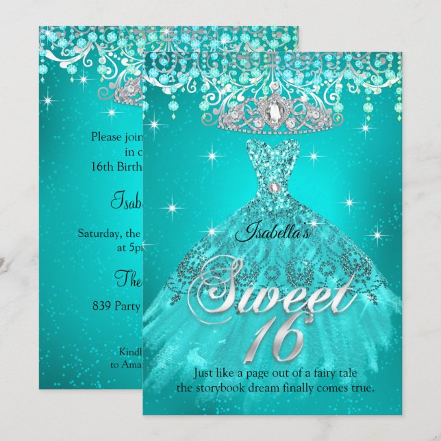 Princess Sweet 16 Birthday Teal Aqua Dress Tiara Inbjudningar (Fram/baksida)