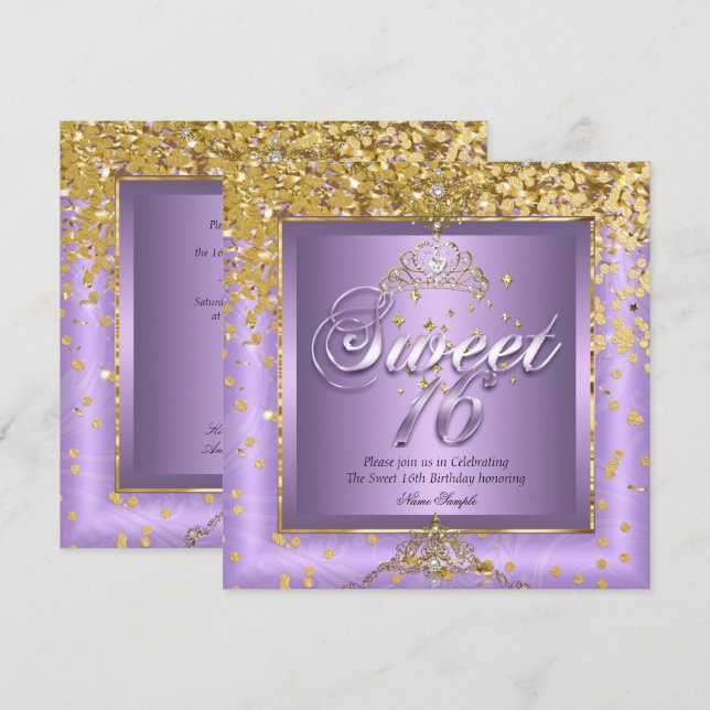 Princess Sweet 16 Guld Lavender Lila Party 2 Inbjudningar (Fram/baksida)