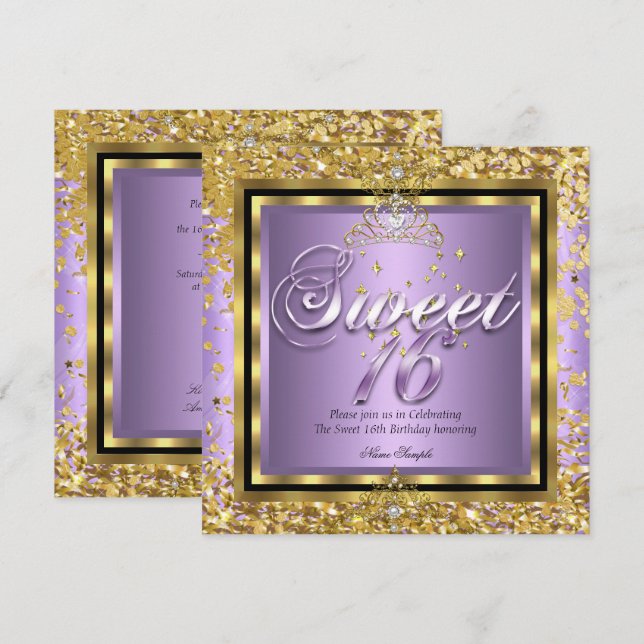 Princess Sweet 16 Guld Lilac Lila Party Inbjudningar (Fram/baksida)