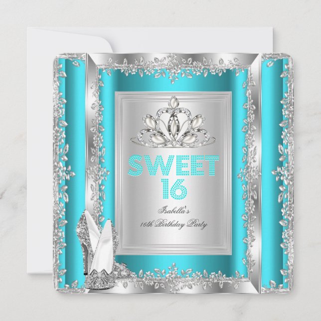 Princess Sweet 16 Teal Blue Aqua Silver Shoes Inbjudningar (Framsida)