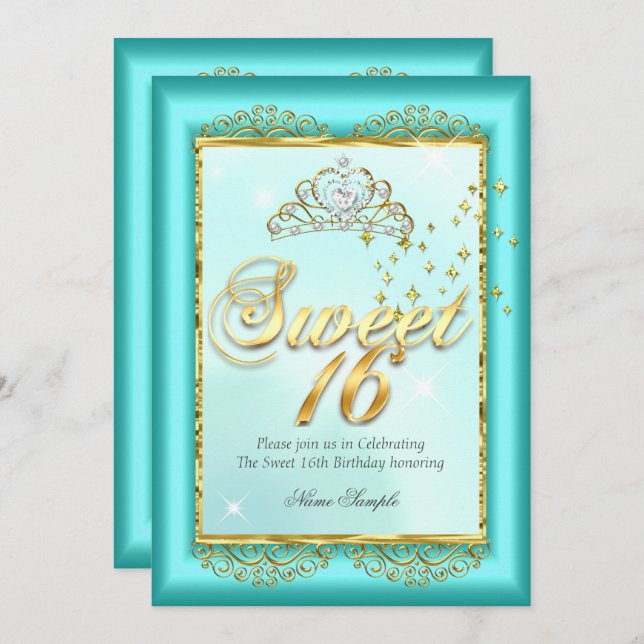 Princess Sweet 16 Teal Blue Guld Födelsedagsfest Inbjudningar (Fram/baksida)