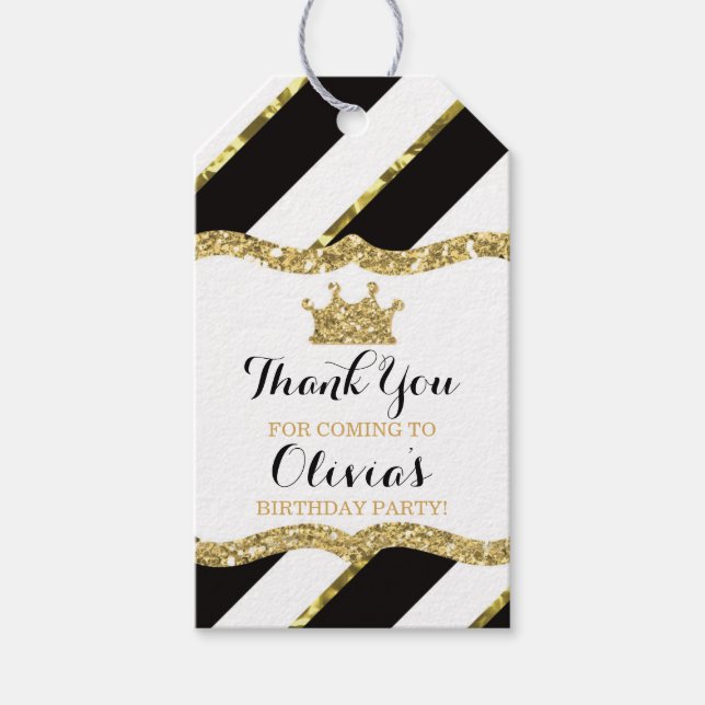 Princess Tack Märkre, Black, Guld Glitter, Krona Presentetikett (Framsidan)