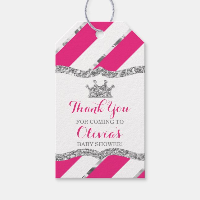 Princess Tack Märkre, Rosa, Faux Glitter, Krona Presentetikett (Framsidan)