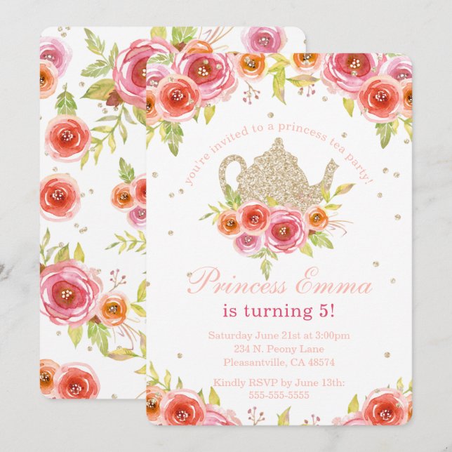 Princess Tea Party Birthday Blommigt Glitter Inbjudningar (Fram/baksida)