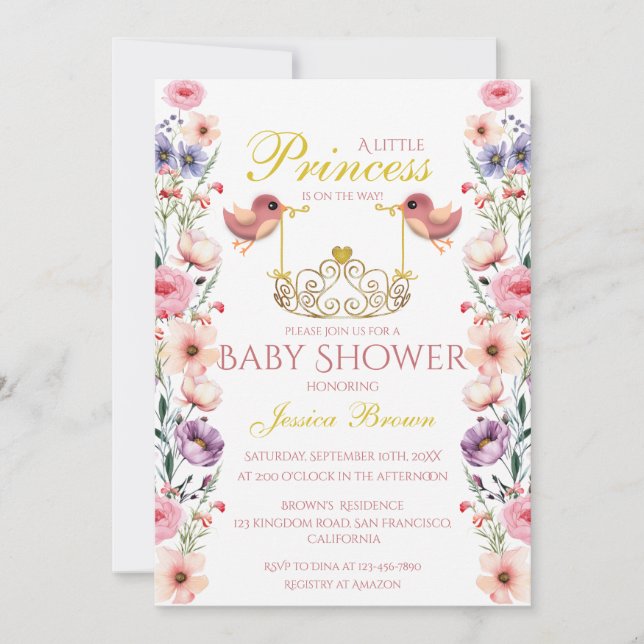 Princess-Theckes Birds och Tiara Baby Shower Inbjudningar (Framsida)