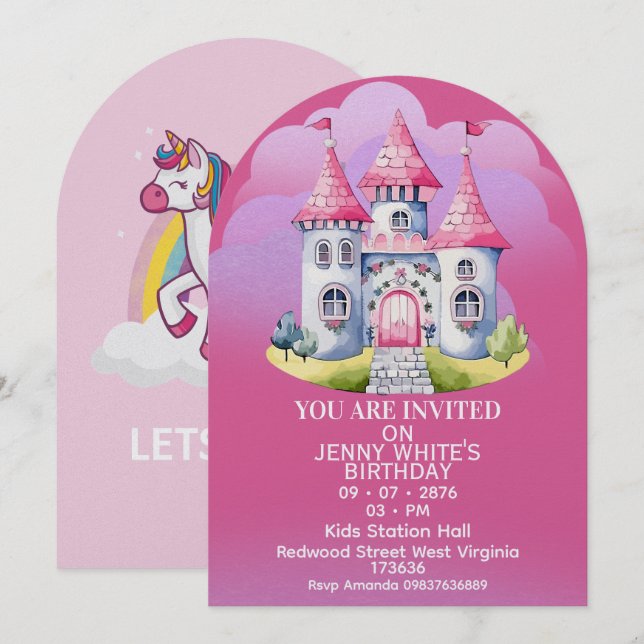 Princess Themed Girl Birthday Invitation  Inbjudningar (Fram/baksida)