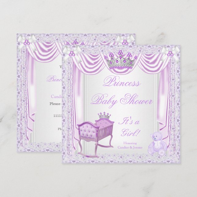 Princess Tiara Baby Shower Lilac Cradle Satin Snör Inbjudningar (Fram/baksida)