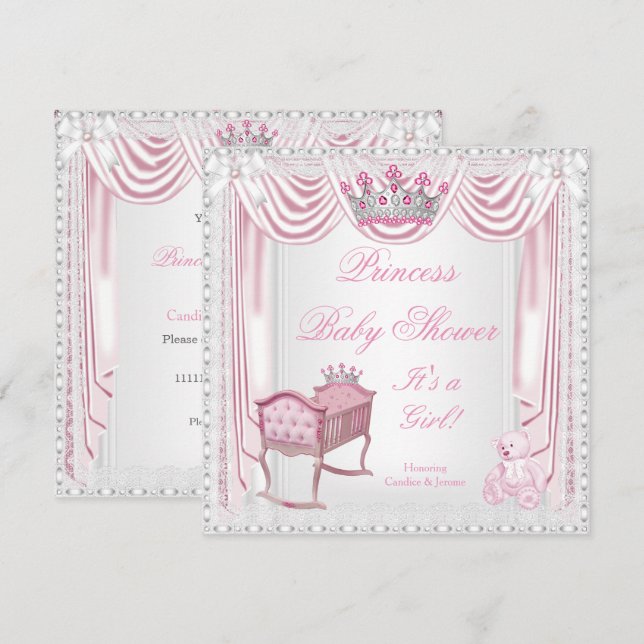 Princess Tiara Baby Shower Rosa Cradle Satin Snöre Inbjudningar (Fram/baksida)
