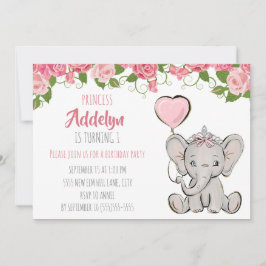 Princess Tiara Elephant Rosa Blommigt 1:a födelsed Inbjudningar