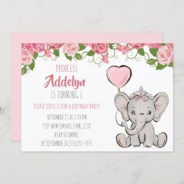 Princess Tiara Elephant Rosa Blommigt 1:a födelsed Inbjudningar