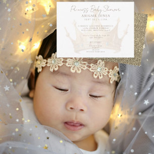 Princess Tiara Glam White & Guld Baby Shower Inbjudningar