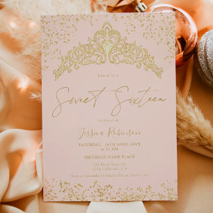 Princess tiara guld glitter rosa foto Sweet 16 Inbjudningar