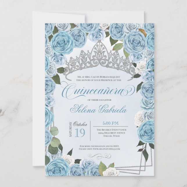 Princess Tiara Light Blue & Vit ros Quinceanera Inbjudningar (Framsida)