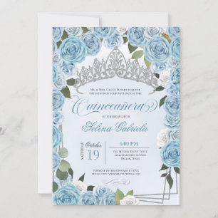 Princess Tiara Light Blue & Vit ros Quinceanera Inbjudningar