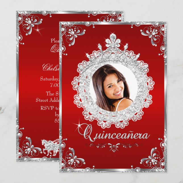 Princess Tiara Red Silver Gnistra Quinceanera Inbjudningar (Fram/baksida)