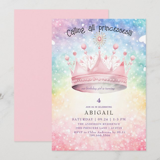 Princess Tiara Rosa Colorful Girl Födelsedagsfest Inbjudningar (Fram/baksida)