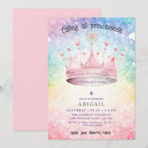 Princess Tiara Rosa Colorful Girl Födelsedagsfest Inbjudningar